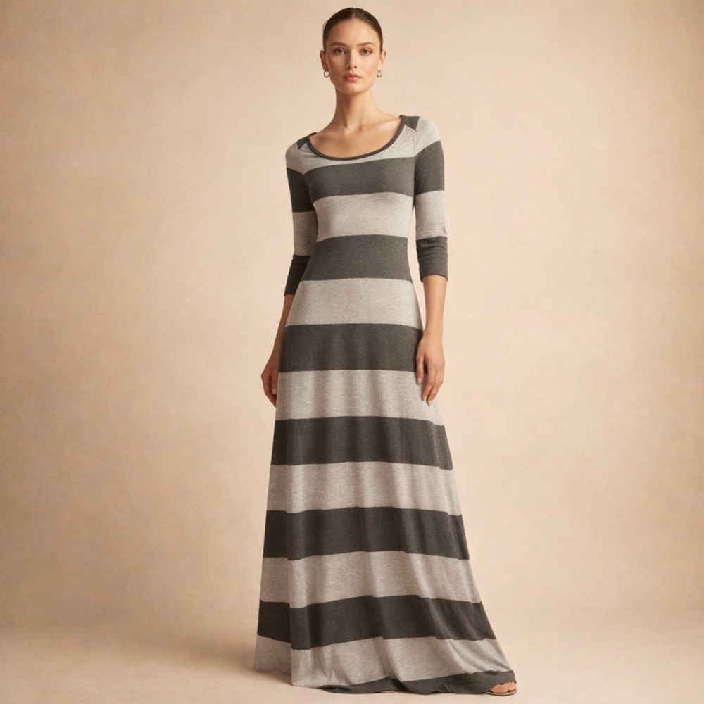 Gap XS Gray & Charcoal 3/4 Sleeve Striped  Maxi Dress Soft Rayon